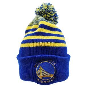 Golden State Warriors Embroidered Patch Blue Yellow Knit Pom-Pom Beanie Hat